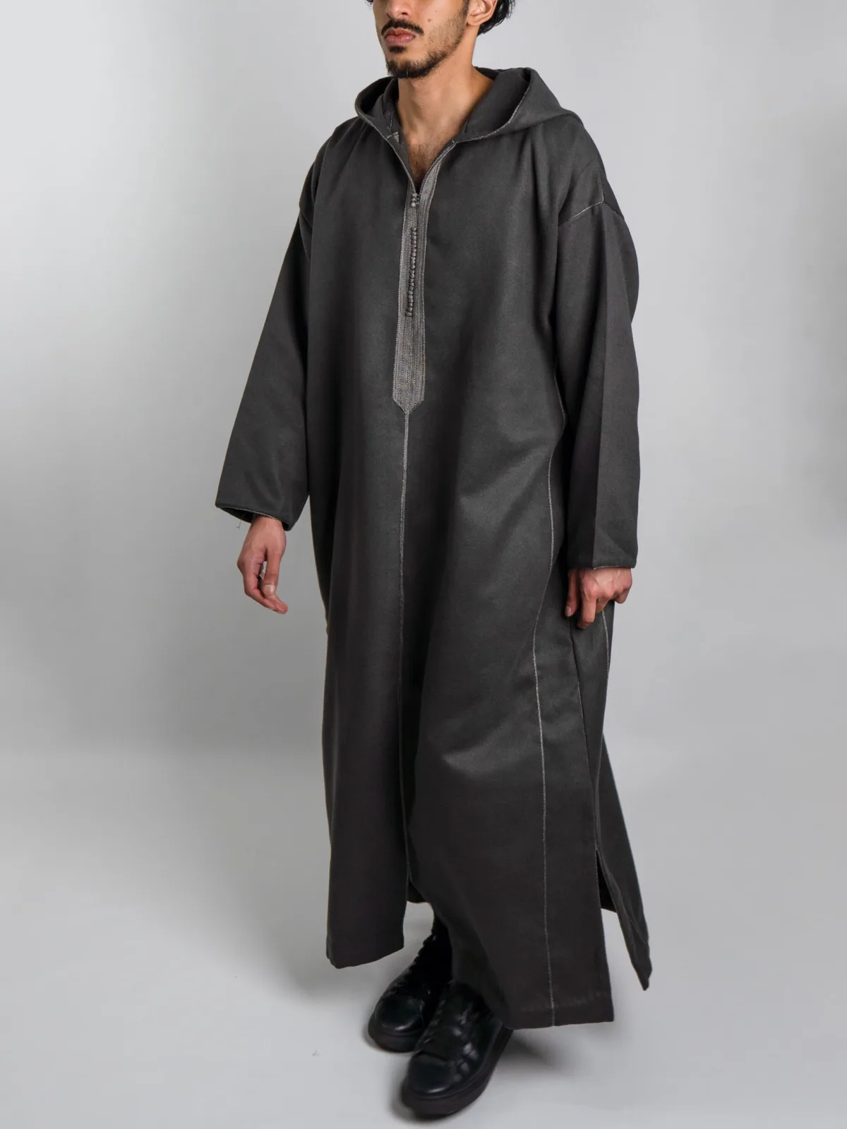 Charcoal Grey Hooded Moroccan Thobe – Jellabiya - Image 4