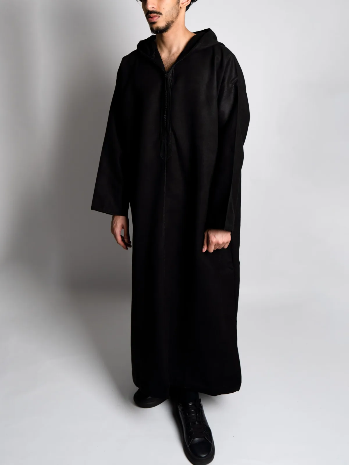 Jet Black Hooded Moroccan Thobe – Jellabiya - Image 3