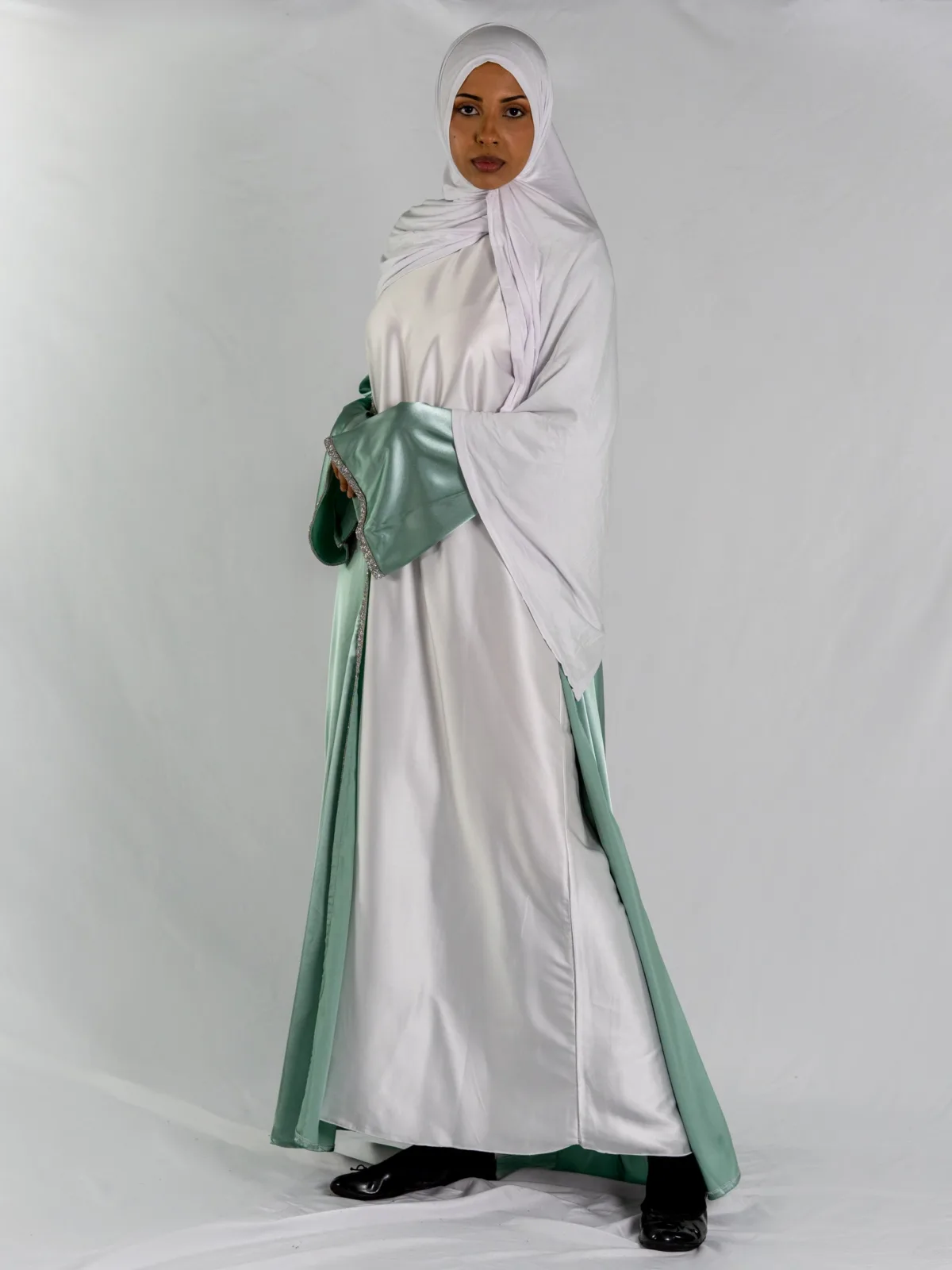 Satin Harmony Three Piece Abaya – Mint Green - Image 5