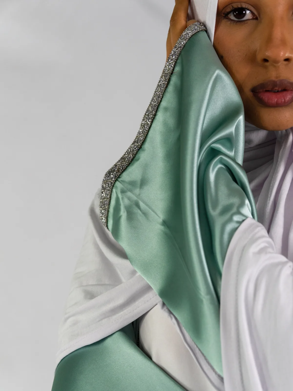 Satin Harmony Three Piece Abaya – Mint Green - Image 2