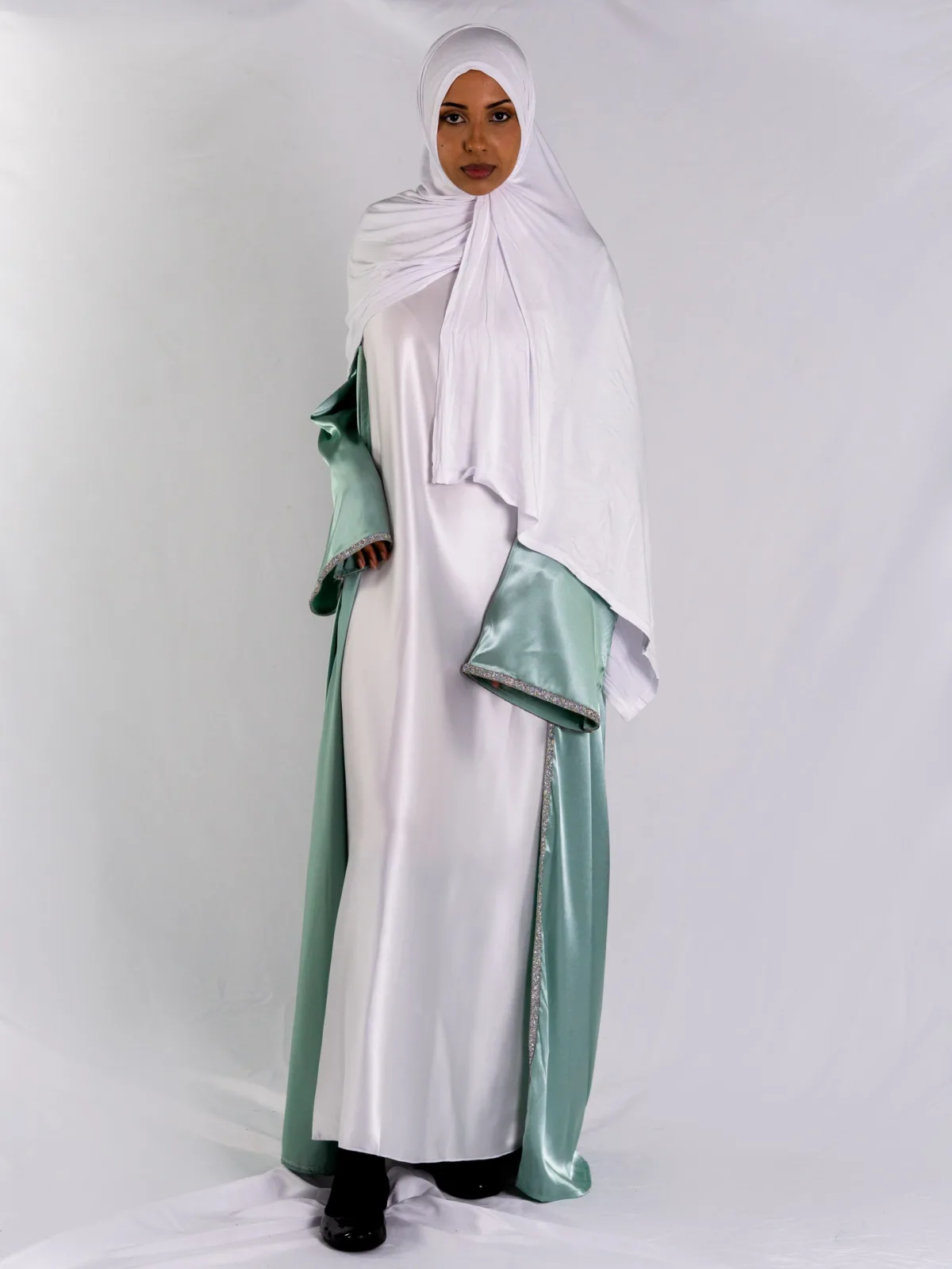Satin Harmony Three Piece Abaya – Mint Green - Image 9